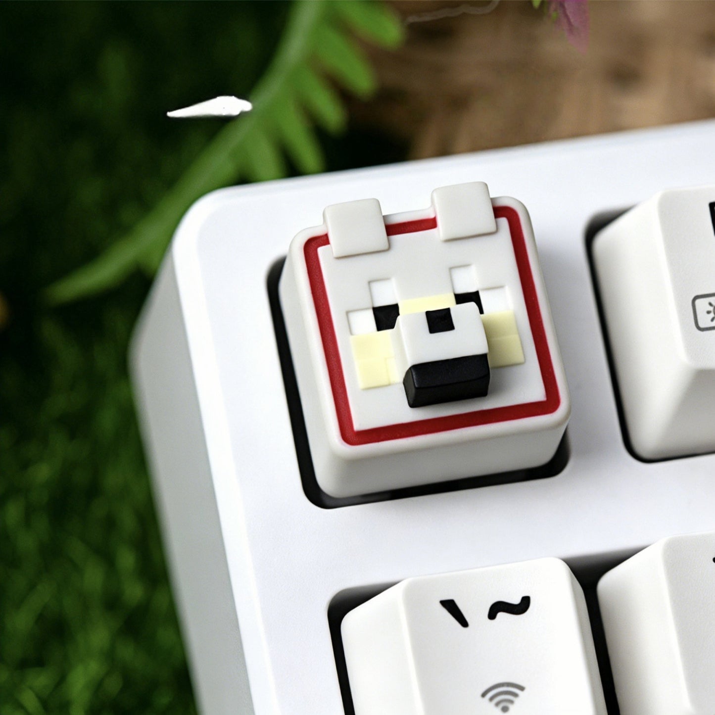 Keycapper™ Minecraft Cube Series Artisanal Keycap – A dynamic close-up of a detailed white 3D voxel Wolf mob head novelty keycap, with a red collar detail and pixelated face, installed on the F1 key of a white mechanical keyboard.