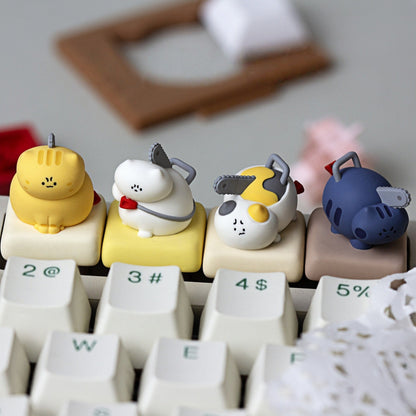 Keycapper Chainsaw Kitty Resin Artisan Keycaps collection line up on custom mechanical keyboard