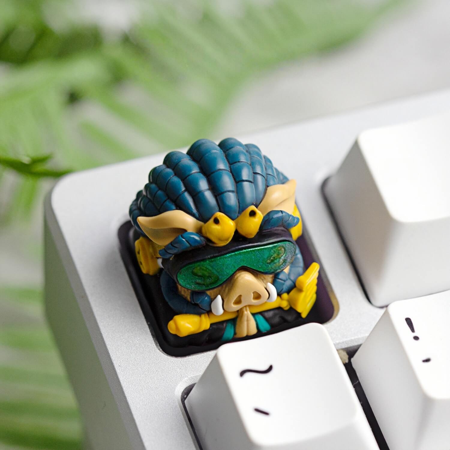 eycapper Cyberpunk Pigsy custom keycap mounted on the corner of a white aluminum keyboard.