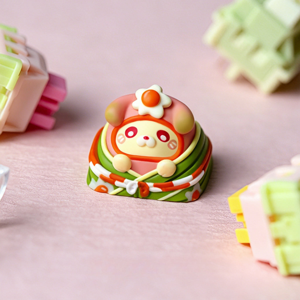 Keycapper handmade resin dumpling puppy artisan keycap with fried egg flower accessory on desk