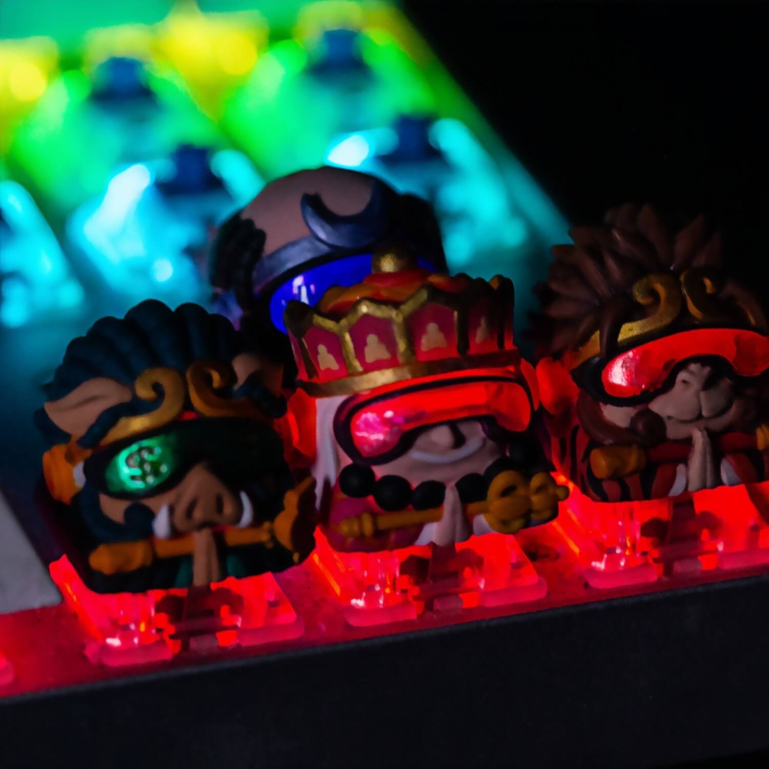 All 4 Cyberpunk Journey to the West artisan keycaps by Keycapper glowing under keyboard RGB backlighting.