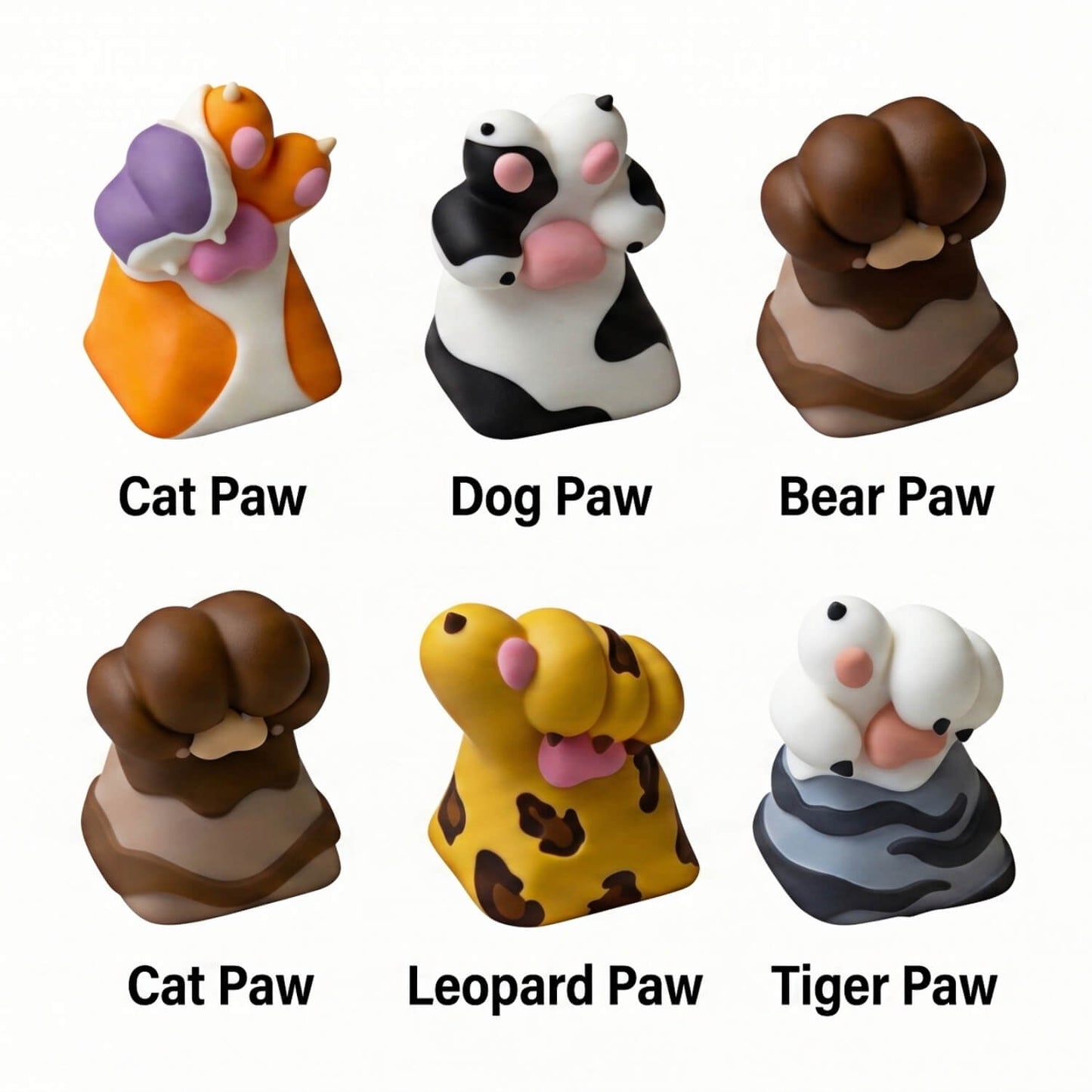 A cute and colorful collection of six animal paw artisan keycaps: Cat, Dog, Bear, Leopard, and Tiger paws, all lined up on a white background.