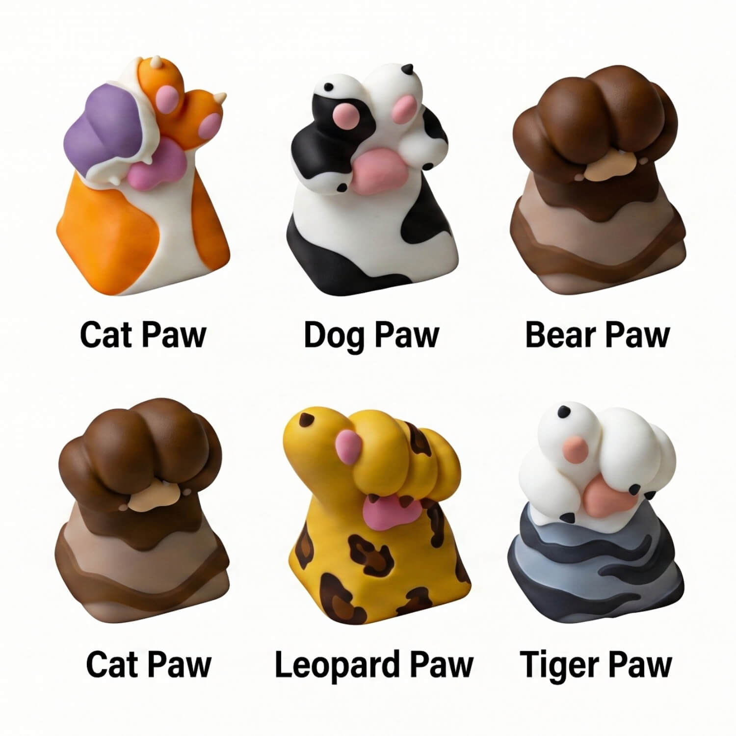 A cute and colorful collection of six animal paw artisan keycaps: Cat, Dog, Bear, Leopard, and Tiger paws, all lined up on a white background.