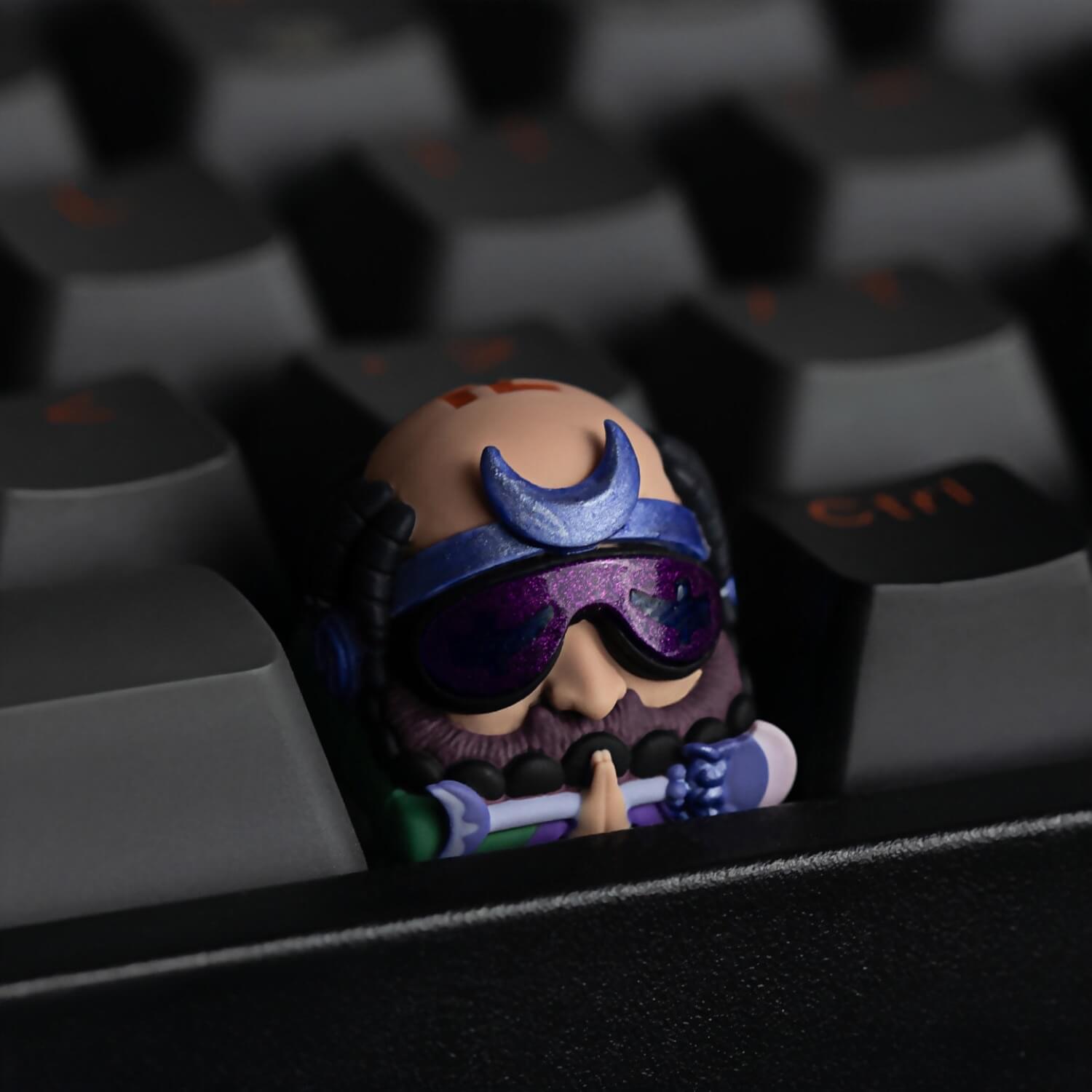 Cyberpunk Sha Wujing Sandy resin artisan keycap with purple visor and prayer beads by Keycapper.