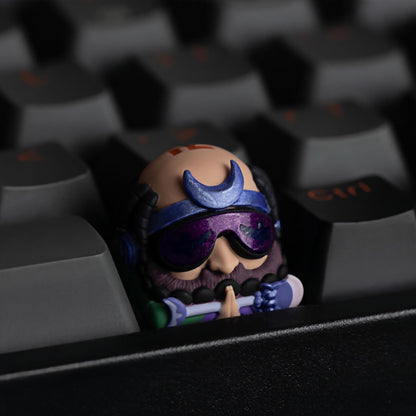 Cyberpunk Sha Wujing Sandy resin artisan keycap with purple visor and prayer beads by Keycapper.